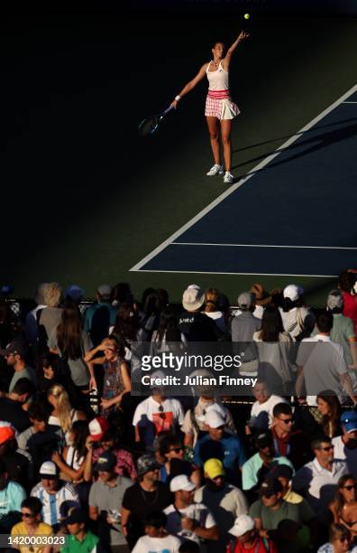 Karolina Pliskova of Czech Republic plays in action against Marie Bouzkova of the Czech Republic in the second round on day four of the 2022 US Open...