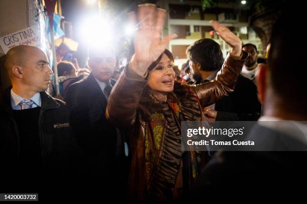 Vice President of Argentina Cristina Fernandez waves to supporters that waited for at her home at Recoleta neighborhood after opening a session at...