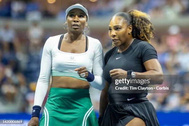 September 01: Serena Williams and Venus Williams of the United States on Arthur Ashe Stadium during their Women's Doubles match against Lucie...