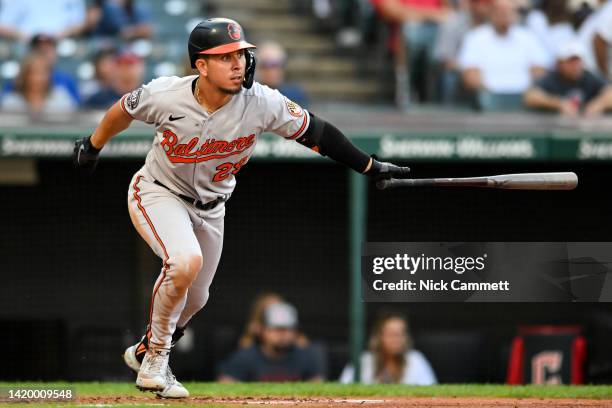 Ramón Urías of the Baltimore Orioles hits a single during the third inning against the Cleveland Guardians at Progressive Field on September 01, 2022...