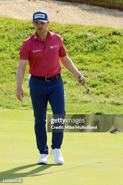 Austin Cook of the United States reacts after a putt on the seventh hole during the first round of the Korn Ferry Tour Championship presented by...