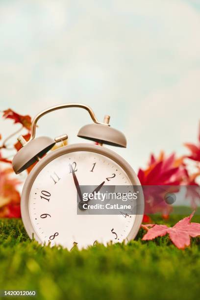 despertador gris con hojas de arce en hierba con espacio de copia. horario de verano - fall back fotografías e imágenes de stock