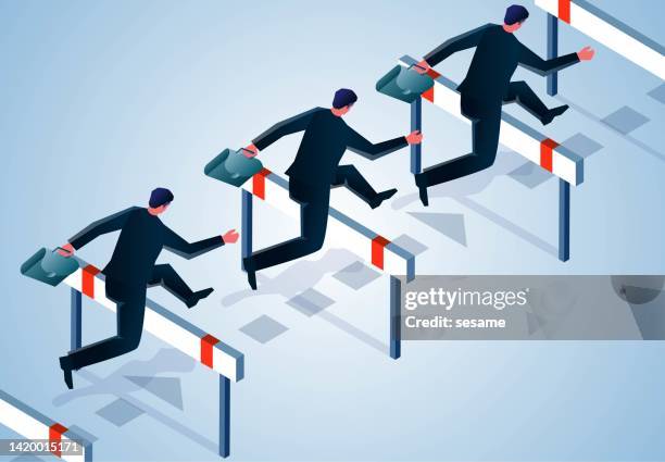 bildbanksillustrationer, clip art samt tecknat material och ikoner med isometric businessman hurdling training to jump over obstacles, self-improvement, overcome obstacles, improve personal skills and qualities, enhance personal competitiveness - häcklöpning löpgren