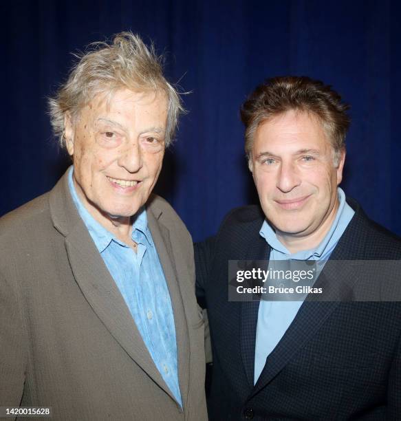 Playwright Tom Stoppard and Director Patrick Marber pose at a photo call for the new Tom Stoppard play "Leopoldstadt" on Broadway at The New 42nd...