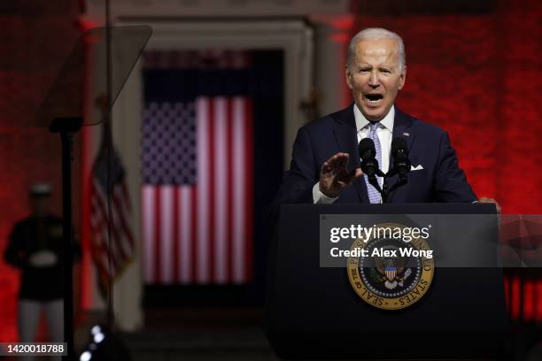 President Joe Biden delivers a primetime speech at Independence National Historical Park September 1, 2022 in Philadelphia, Pennsylvania. President...