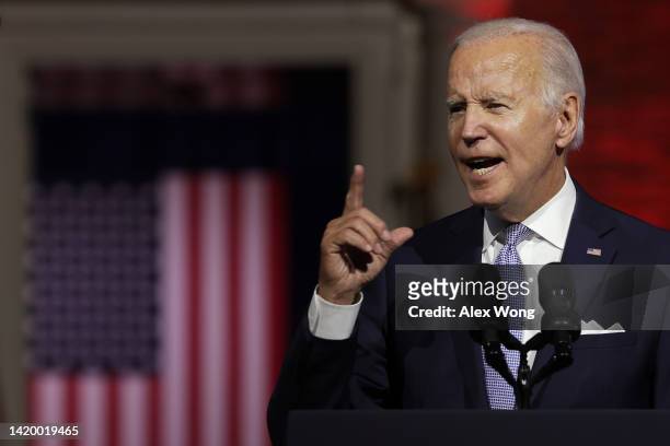President Joe Biden delivers a primetime speech at Independence National Historical Park September 1, 2022 in Philadelphia, Pennsylvania. President...