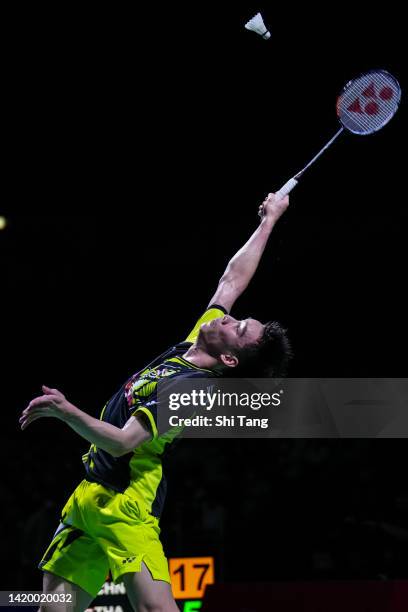 Kantaphon Wangcharoen of Thailand competes in the Men's Singles Quarter Finals match against Shi Yuqi of China during day four of Daihatsu Yonex...