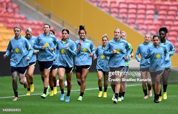 The Matildas players run during an Australia Matildas training session at Suncorp Stadium on September 02, 2022 in Brisbane, Australia.