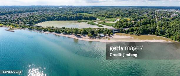 aerial view of rouge beach and rouge river park, toronto, canada - lakeshore park stock pictures, royalty-free photos & images