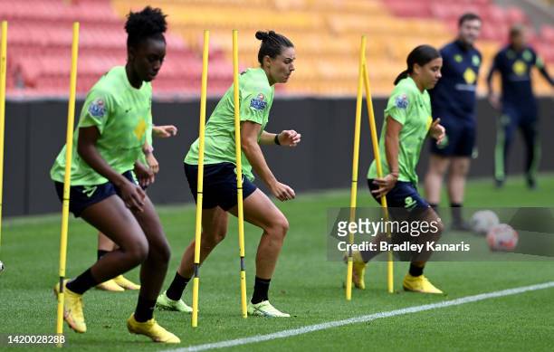 Emily Gielnik runs through a drill during an Australia Matildas training session at Suncorp Stadium on September 02, 2022 in Brisbane, Australia.
