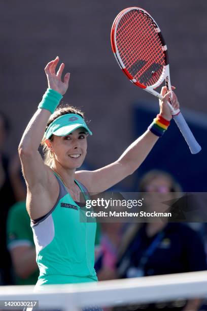 Alize Cornet of France celebrates after defeating Katerina Siniakova of Czech Republic during their Women's Singles Second Round match on Day Four of...