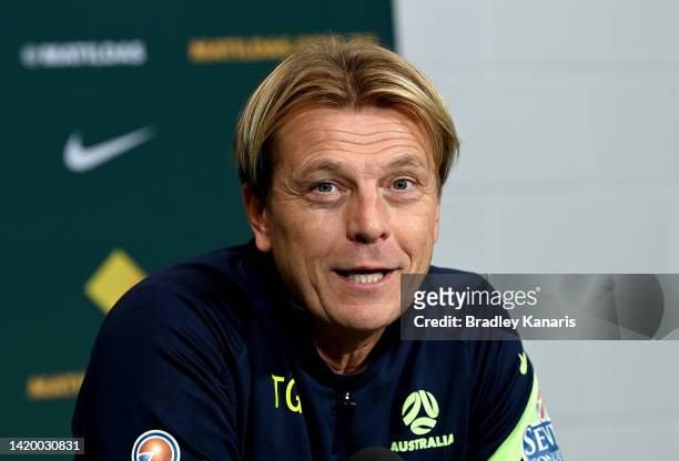 Head Coach Tony Gustavsson speaks during an Australia Matildas training session at Suncorp Stadium on September 02, 2022 in Brisbane, Australia.
