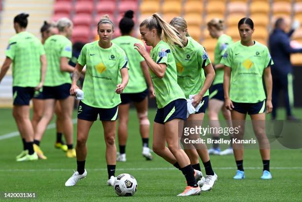 Charlotte Grant in action during an Australia Matildas training session at Suncorp Stadium on September 02, 2022 in Brisbane, Australia.