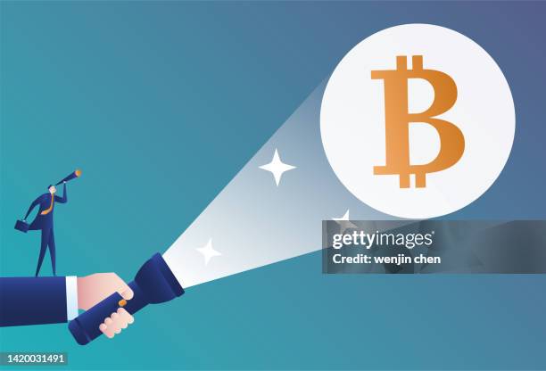 business man with a flashlight to help check bitcoin with binoculars - holding flashlight stock illustrations