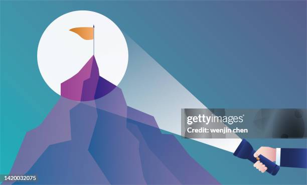 use a flashlight to search for a target at the top of the mountain - sayings stock illustrations