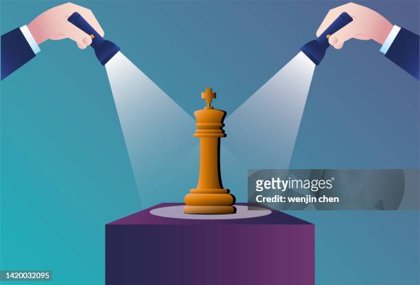 two flashlights illuminate chess on the podium - bishop chess piece stock illustrations