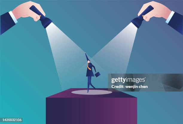 two flashlights illuminate business man on podium - holding flashlight stock illustrations