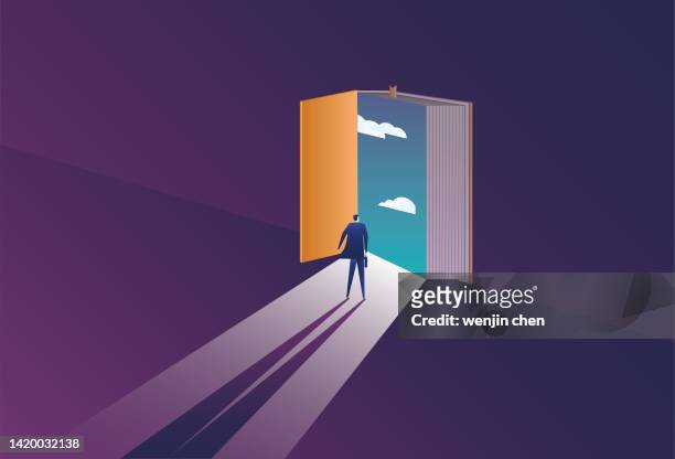 ,business man pushes open the door of knowledge - exit sign stock illustrations