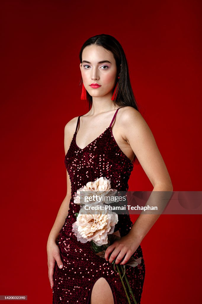 Beautiful woman in red dress