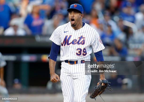 Edwin Diaz of the New York Mets reacts after the eighth inning against the Los Angeles Dodgers at Citi Field on September 01, 2022 in New York City....