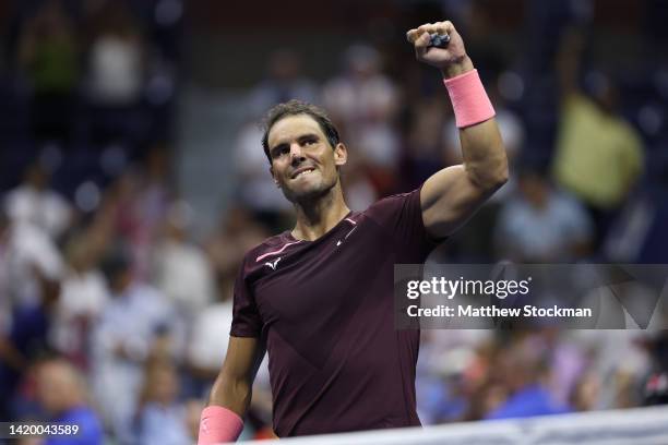 Rafael Nadal of Spain celebrates after defeating Fabio Fognini of Italy during their Men's Singles Second Round match on Day Four of the 2022 US Open...