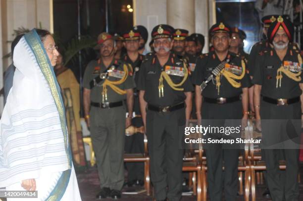 Pratibha Devisingh Patil, the first Woman President of India, meets army officers at the Presidential Palace, Rashtrapati Bhawan in New Delhi.