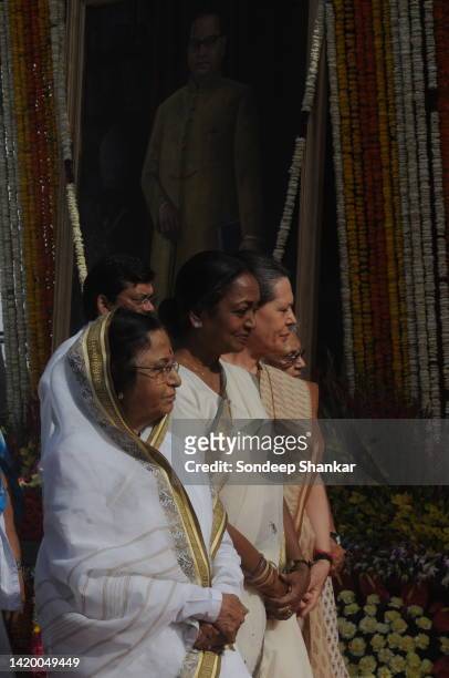 President Pratibha Patil, Lok Sabha Speaker Meira Kumar and Congress President Sonia Gandhi during a remembrance meet of Dr BR Ambedkar who headed...