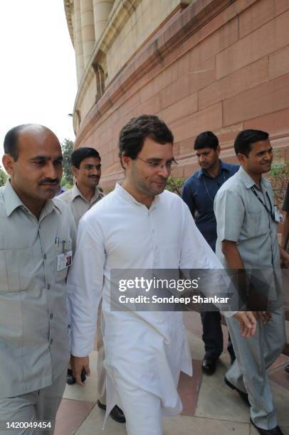 Congress party MP Rahul Gandhi arrives at the Parliament House in New Delhi.