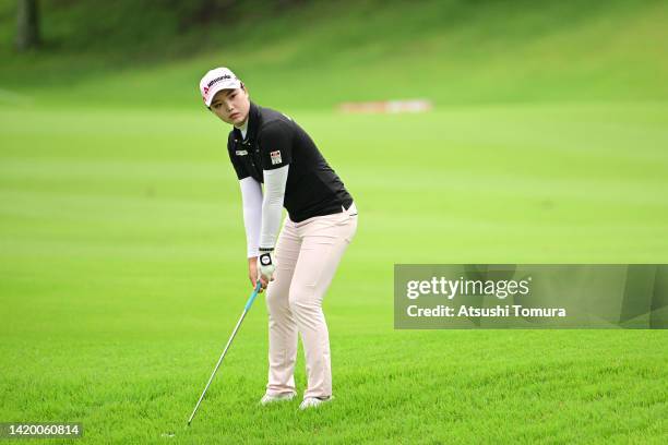 Yuting Seki of China hits her third shot on the 6th hole during the first round of Golf5 Ladies at Golf5 Country Oak Village on September 2, 2022 in...