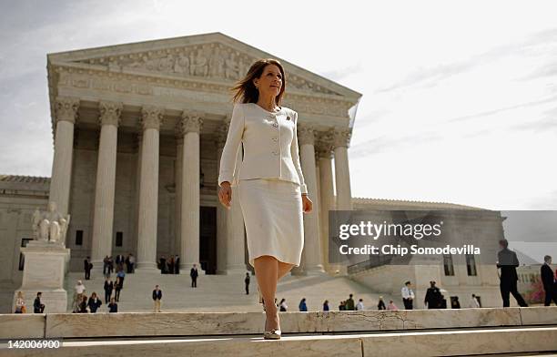 Rep. Michele Bachmann leaves the U.S. Supreme Court after the third day of oral arguements over the constitutionality of the Patient Protection and...