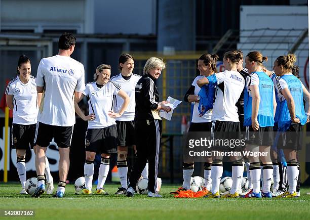 Head coach Silvia Neid looks on during the trainings session of German National Football team at Carl-Benz-Stadium on March 28, 2012 in Mannheim,...