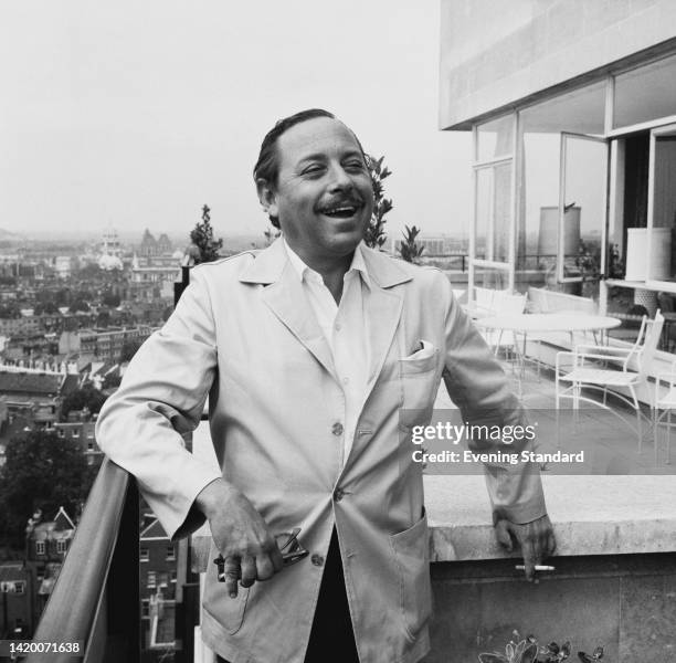 American playwright and screenwriter Tennessee Williams on the roof terrace of the Carlton Tower Hotel in London, England, 31st July 1962.