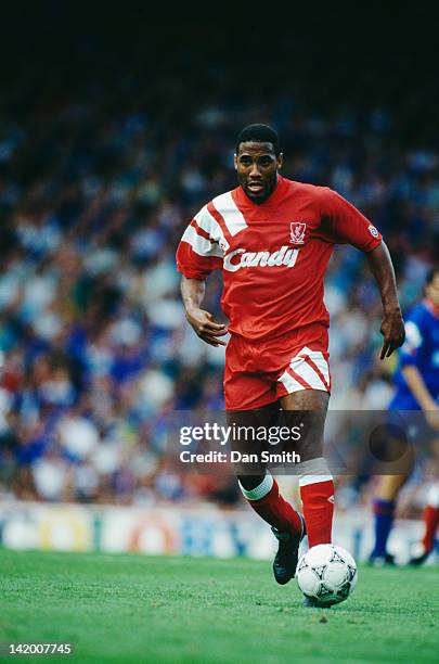 Jamaican-born, British footballer John Barnes in action for Liverpool, 1991.