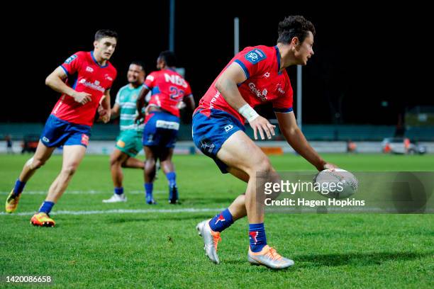 Macca Springer of Tasman runs in a try during the round five Bunnings NPC match between Manawatu and Tasman at Central Energy Trust Arena, on...
