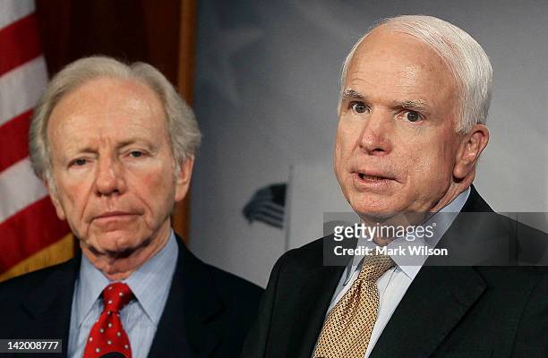 Sen. John McCain and U.S. Sen. Joseph Lieberman speak about the conflict in Syria during a news conference on Capitol Hill on March 28, 2012 in...