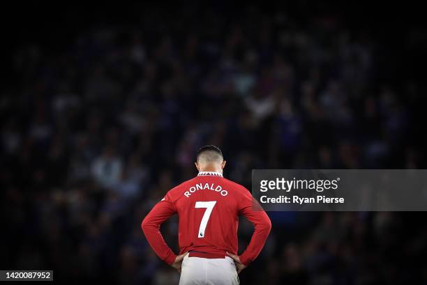 Cristiano Ronaldo of Manchester United looks on during the Premier League match between Leicester City and Manchester United at The King Power...