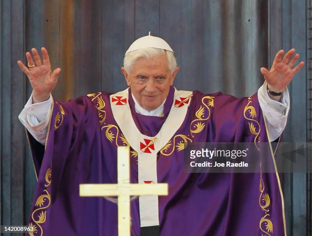 Pope Benedict XVI conducts his mass at Havana's Revolution Square on the last day of his three day visit on March 28, 2012 in Havana, Cuba. Fourteen...