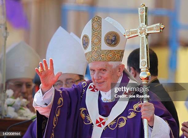 Pope Benedict XVI conducts his mass at Havana's Revolution Square on the last day of his three day visit on March 28, 2012 in Havana, Cuba. Fourteen...