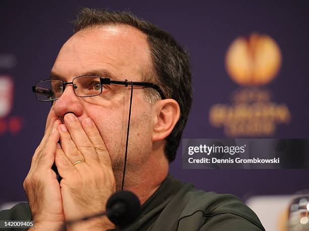 Head coach Marcelo Bielsa of Bilbao reacts during a press conference ahead of their UEFA Europa League quarterfinal match against FC Schalke 04 on...