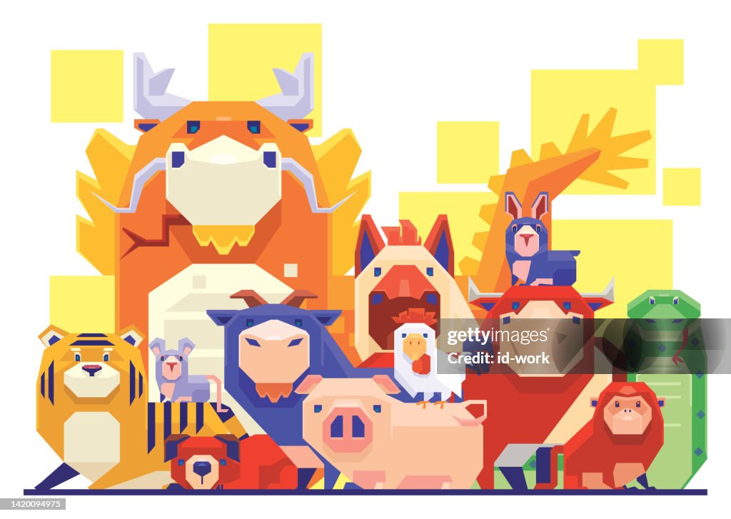 Grupo de animales del zodiaco chino reuniéndose