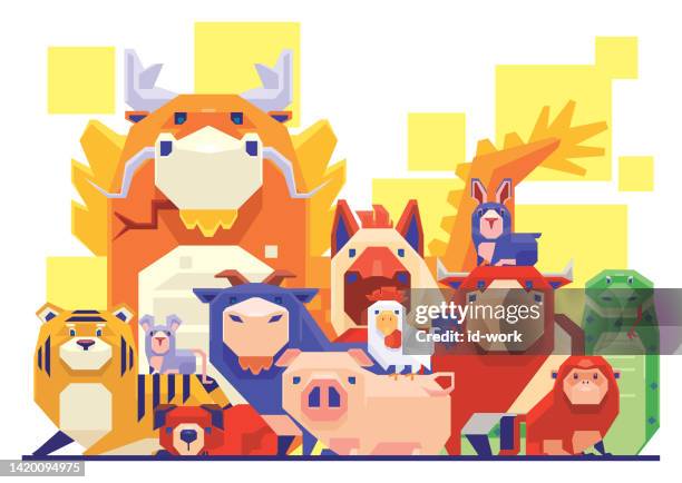 group of chinese zodiac animals gathering - horse mascot stock illustrations