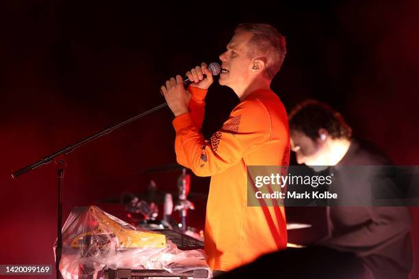 Julian Hamilton of The Presets performs before the round 25 NRL match between the Sydney Roosters and the South Sydney Rabbitohs at Allianz Stadium...