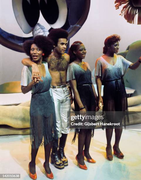 1st JANUARY: Liz Mitchell, Bobby Farrell, Maizie Williams and Marcia Barrett of Boney M pose for a group portrait at TopPop TV studios in Hilversum,...