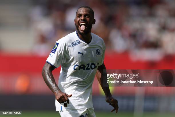 Nuno Tavares of Olympique De Marseille celebrates after scoring to give the side a 2-0 lead during the Ligue 1 match between OGC Nice and Olympique...