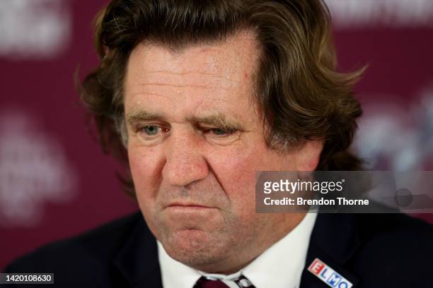 Sea Eagles coach, Des Hasler speaks to the media following the round 25 NRL match between the Canterbury Bulldogs and the Manly Sea Eagles at Accor...