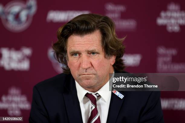 Sea Eagles coach, Des Hasler speaks to the media following the round 25 NRL match between the Canterbury Bulldogs and the Manly Sea Eagles at Accor...