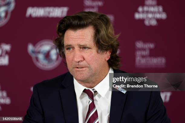 Sea Eagles coach, Des Hasler speaks to the media following the round 25 NRL match between the Canterbury Bulldogs and the Manly Sea Eagles at Accor...