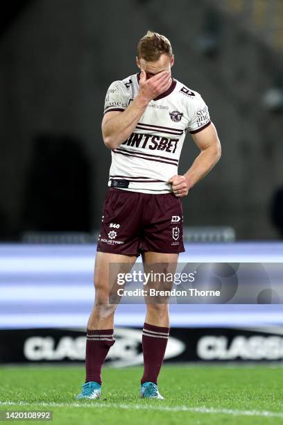 Daly Cherry-Evans of the Sea Eagles reacts at full time during the round 25 NRL match between the Canterbury Bulldogs and the Manly Sea Eagles at...