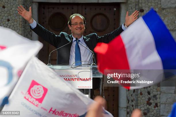 Francois Hollande performs for PS Support Meeting in Nice on March 28, 2012 in Nice, France.