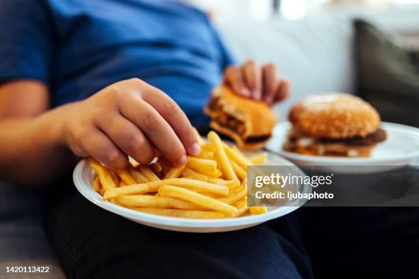 übergewichtiger teenager, der zu viel frittiertes essen isst - young fat boys stock-fotos und bilder